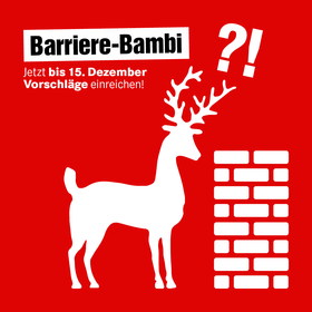 Das Logo des Negativ-Preises „Barriere-Bambi“, ein Reh welches verwundert vor einer Mauer steht mit Link zu einer Unterseite.